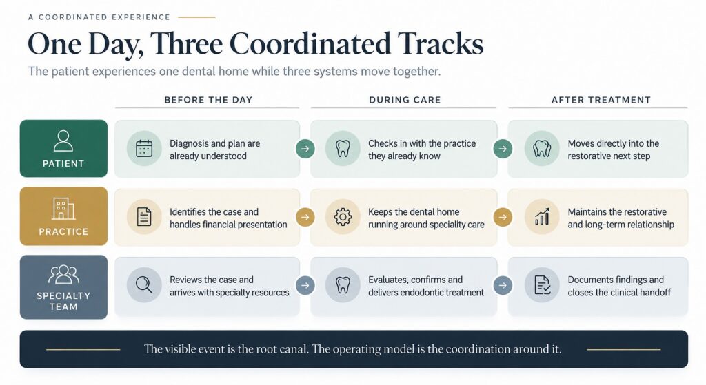 Patient, dental practice and specialty team workflows before, during and after an on-site endodontic day.