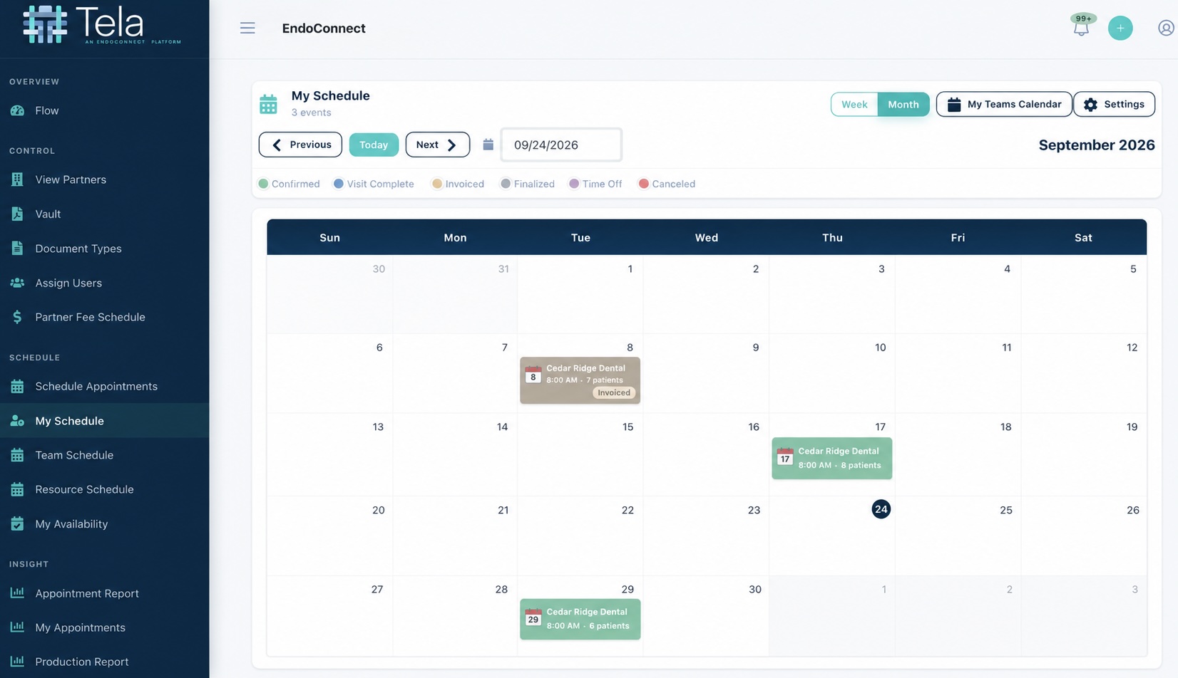 Tela Access calendar showing Cedar Ridge Dental clinical days and a prior invoiced visit