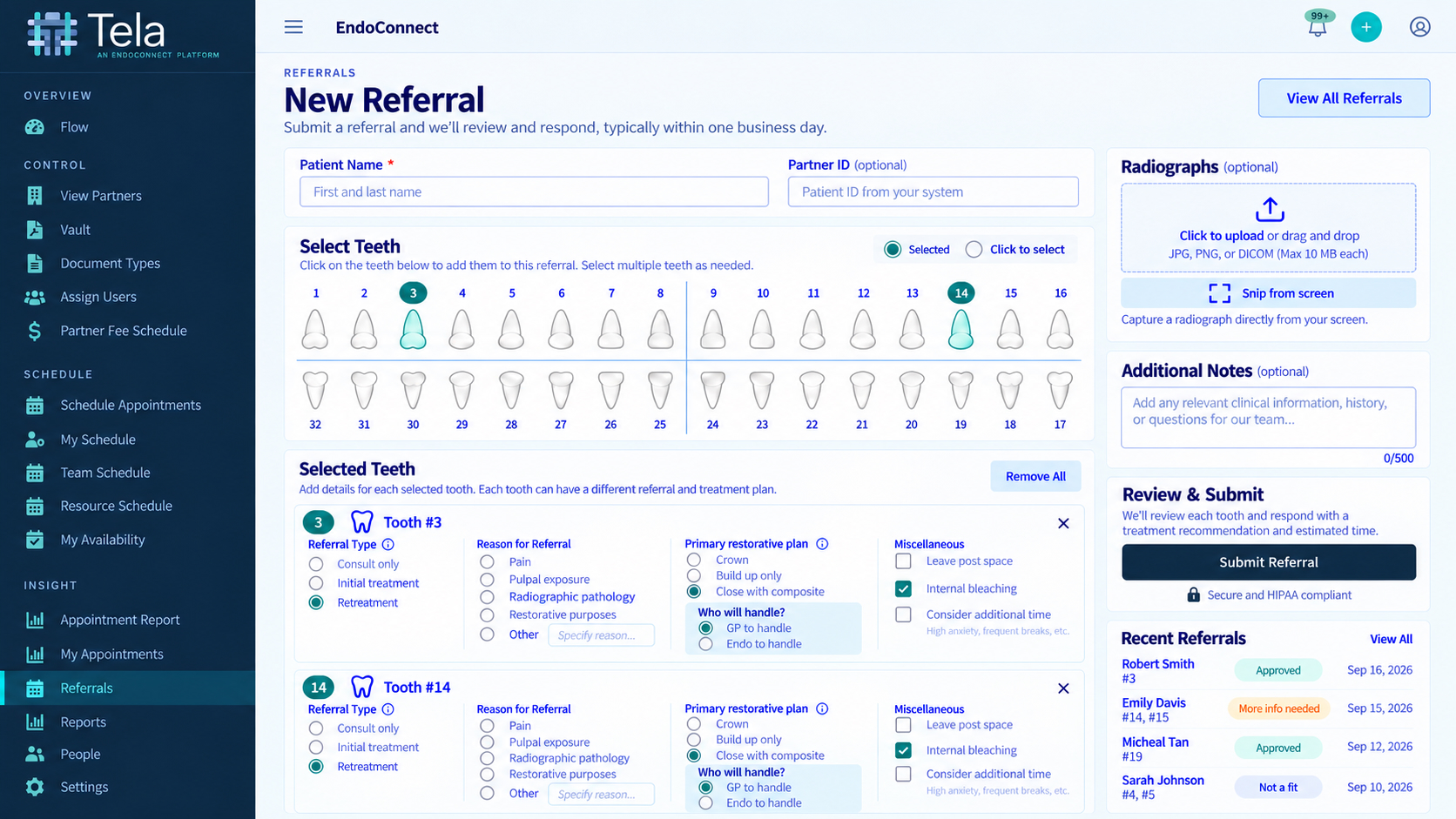 Tela referral module showing a fictional multi-tooth referral submission