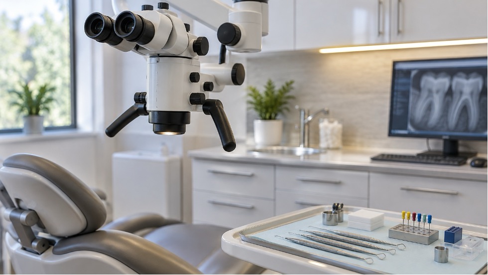 Dental operating microscope, endodontic instruments and specialty equipment prepared for on-site endodontic care